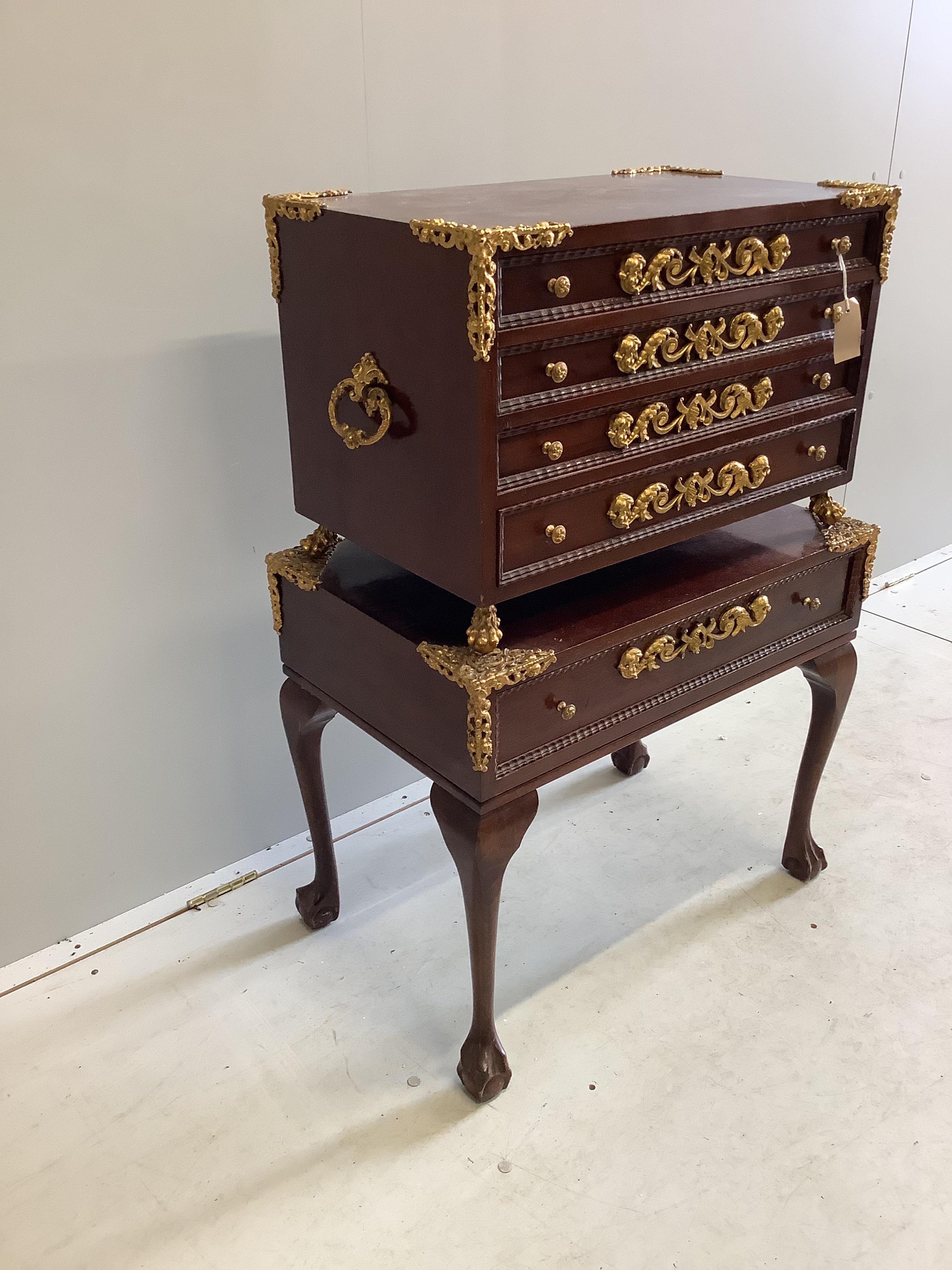 A Continental gilt metal mounted mahogany and beech canteen chest on stand, width 66cm, depth 41cm, height 95cm